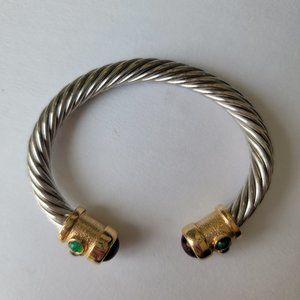 Silver-tone cable cuff bracelet bangle with colorful stones twist design